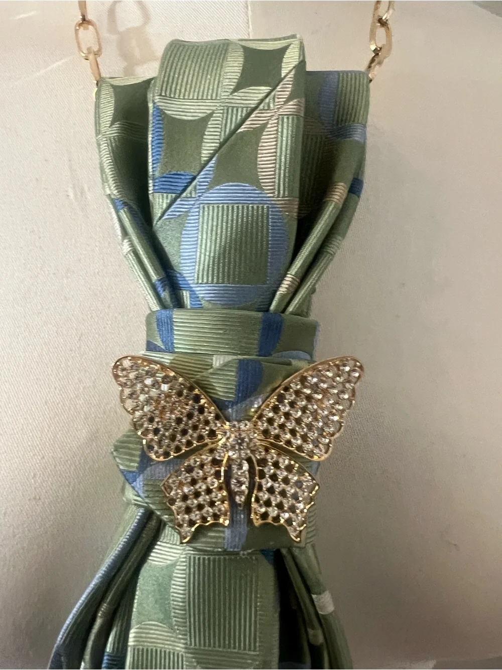 Green and Blue Patterned Silk Tie Necklace with Gold Butterfly Accent